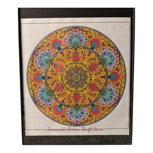 Hand Colored Mandala Wall Art Framed Circular Floral Geometric Boho Decor Yellow